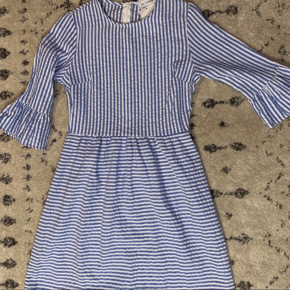 Blue striped seersucker dress ruffle sleeves - Picture 3 of 7